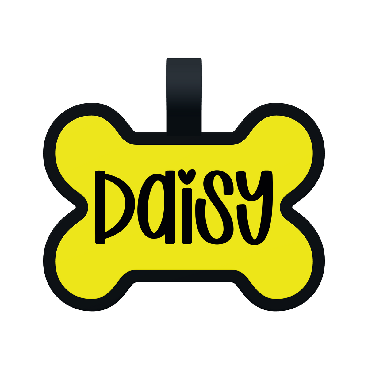 Front preview of a yellow Bone Silicone pet tag personalized with Daisy in Font 14, with a matte black border and attachment loop.