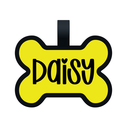Front preview of a yellow Bone Silicone pet tag personalized with Daisy in Font 14, with a matte black border and attachment loop.