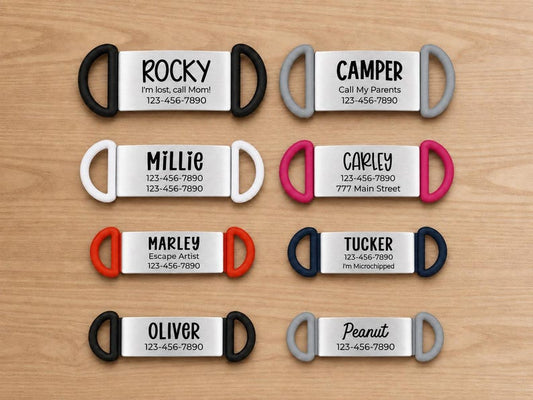 Personalized stainless steel slide-on pet tags in Black, White, Pink, Navy Blue, Red, and Gray