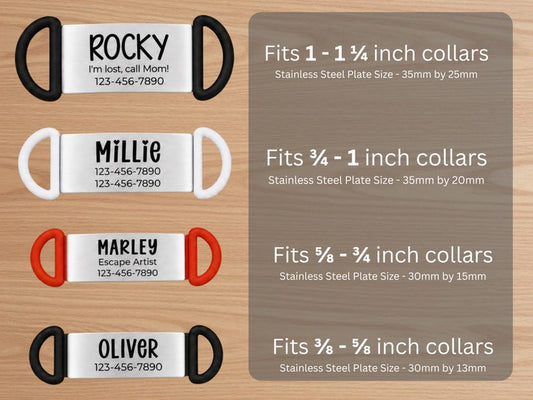 Slide-on tag size guide with collar widths and steel plate dimensions for XS, S, M, and Large